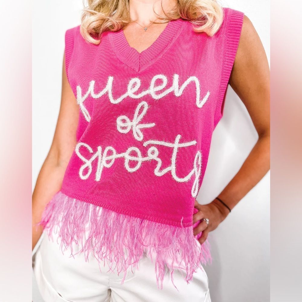 QUEEN OF SPARKLES Pink Sweater Vest with Feather Trim
